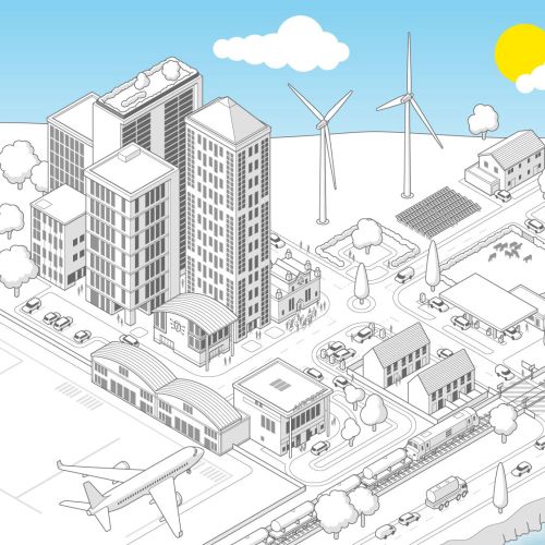 Isometric view of city with buildings, wind turbines, train, and offshore platform