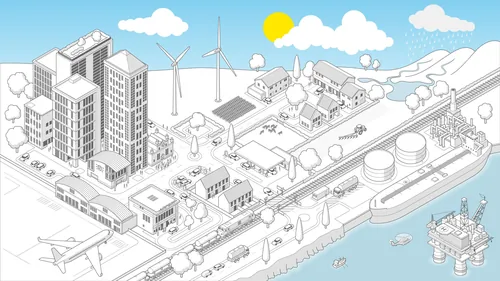 Isometric view of city with buildings, wind turbines, train, and offshore platform