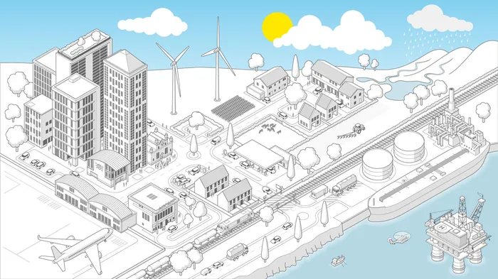 Isometric view of city with buildings, wind turbines, train, and offshore platform