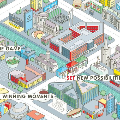 Isometric city map illustration with buildings and motivational text.