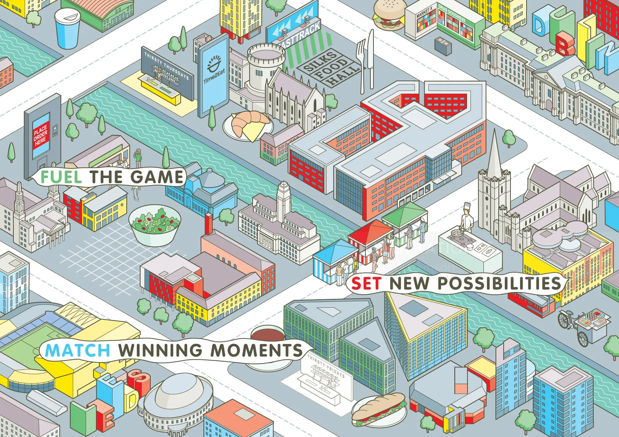 Isometric city map illustration with buildings and motivational text.