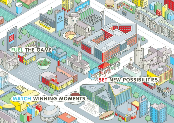 Isometric city map illustration with buildings and motivational text.