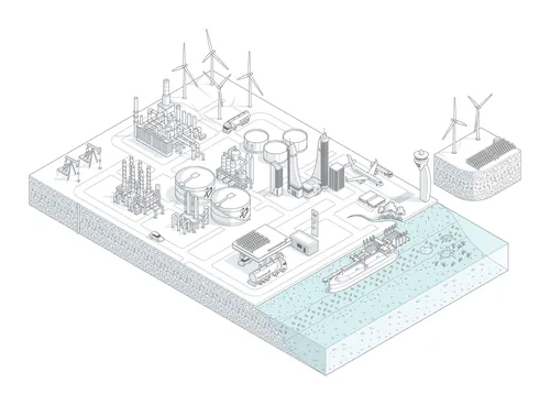 Industrial complex with wind turbines, storage tanks, and a ship by the water