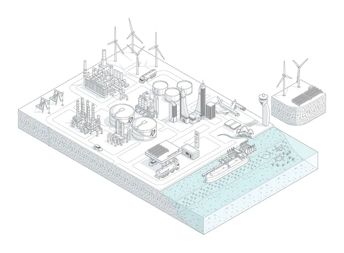 Industrial complex with wind turbines, storage tanks, and a ship by the water