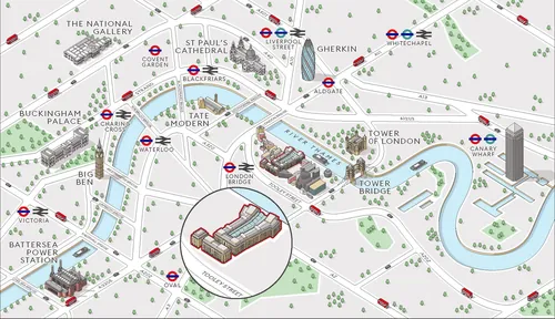 Map showing London landmarks and Tube stations by Mark Watkinson