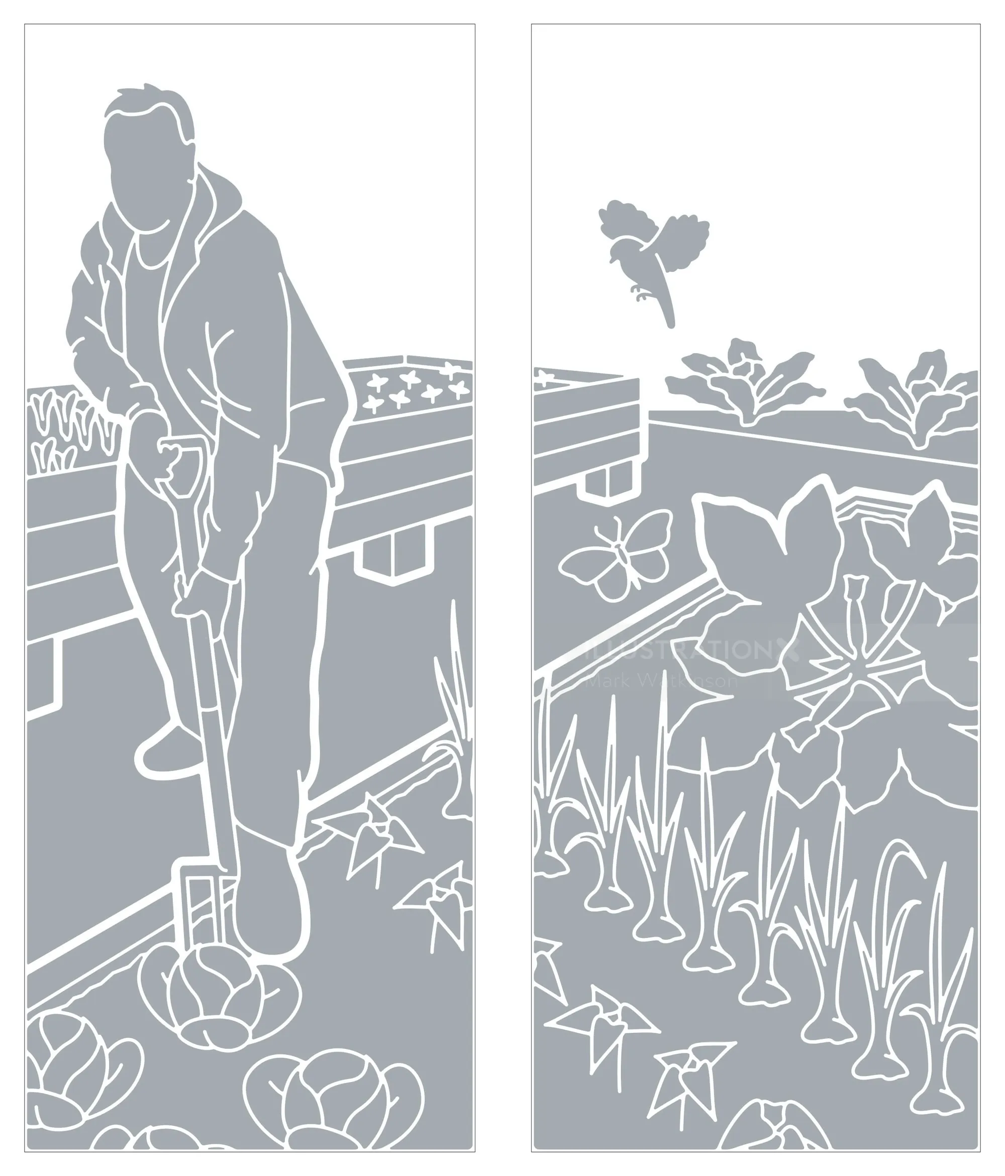 Person tending garden plants by raised beds with butterflies, by Mark Watkinson
