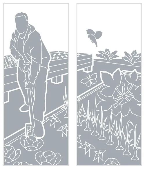 Person tending garden plants by raised beds with butterflies, by Mark Watkinson