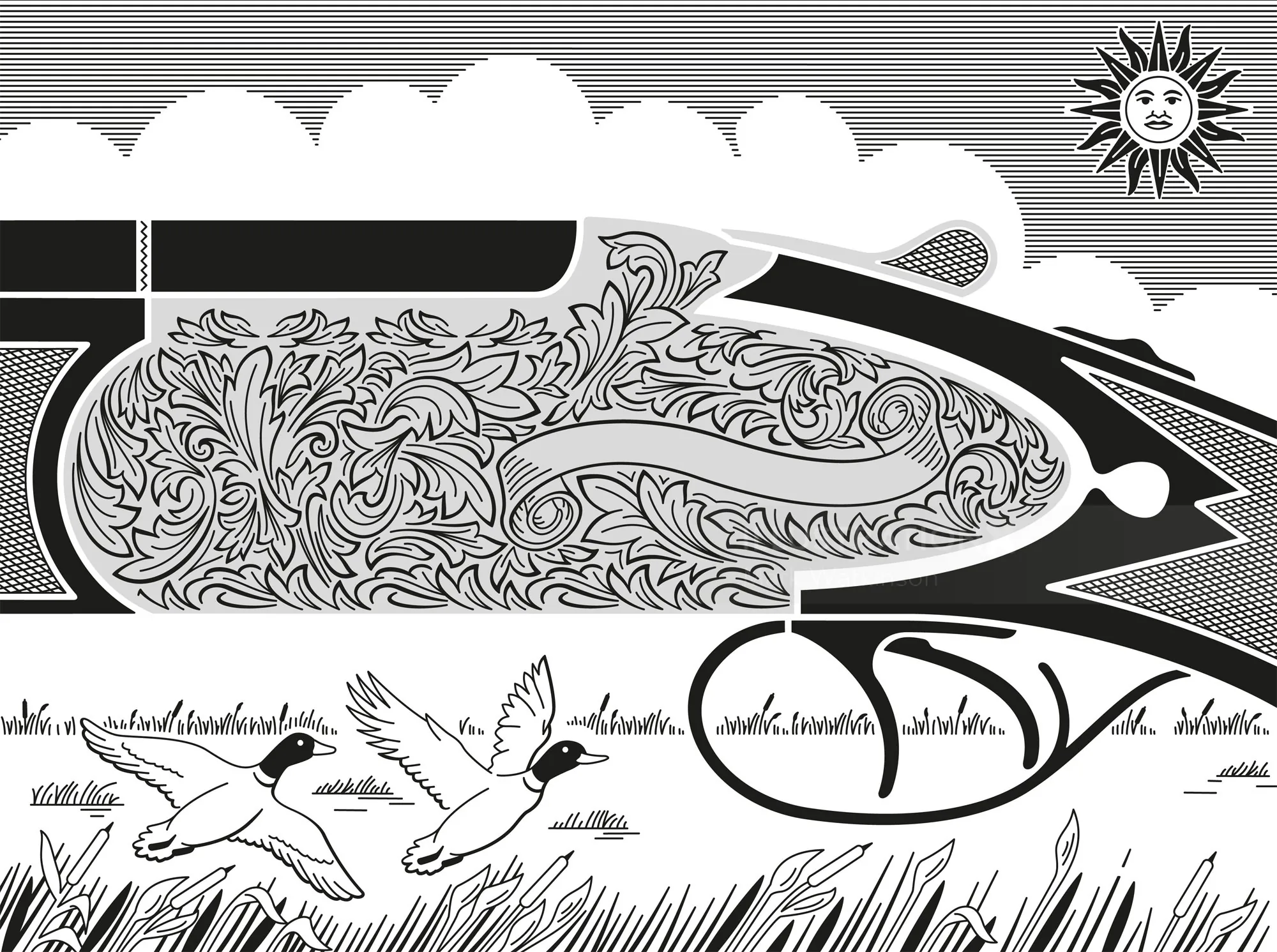 Black and white abstract train with flying birds and stylized sun by Mark Watkinson