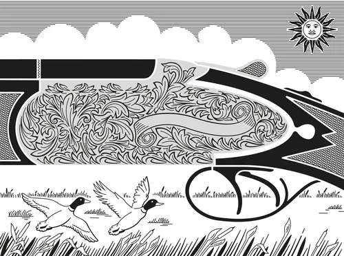 Black and white abstract train with flying birds and stylized sun by Mark Watkinson