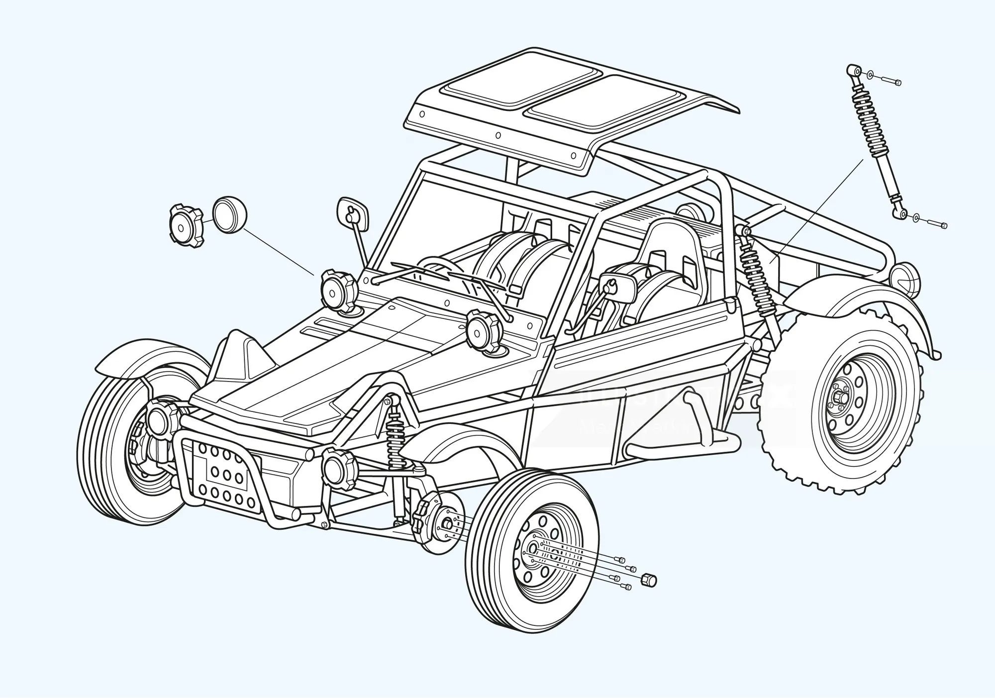 Exploded view of an off-road buggy vehicle by Mark Watkinson