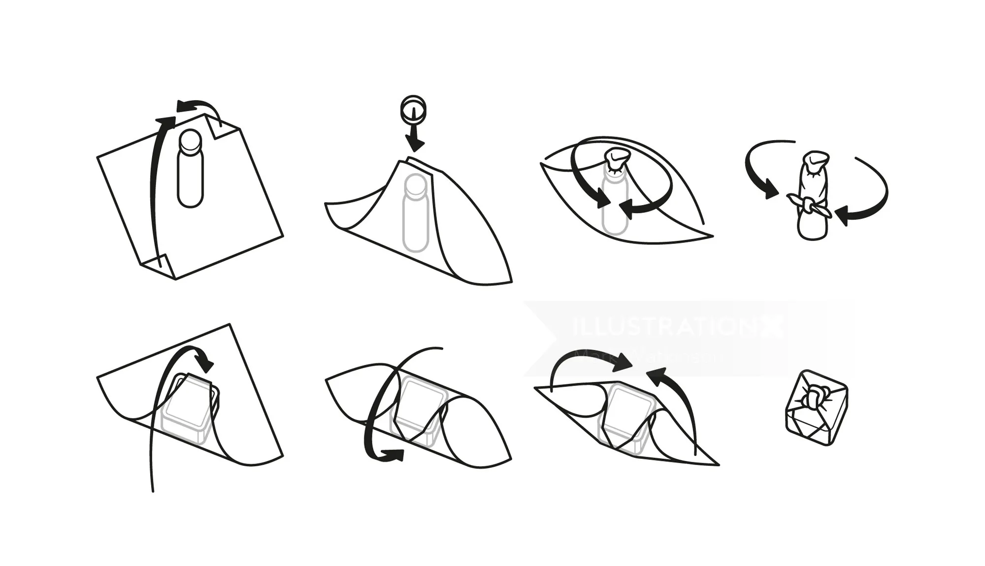 Origami folding steps showing paper shape transformations by Mark Watkinson