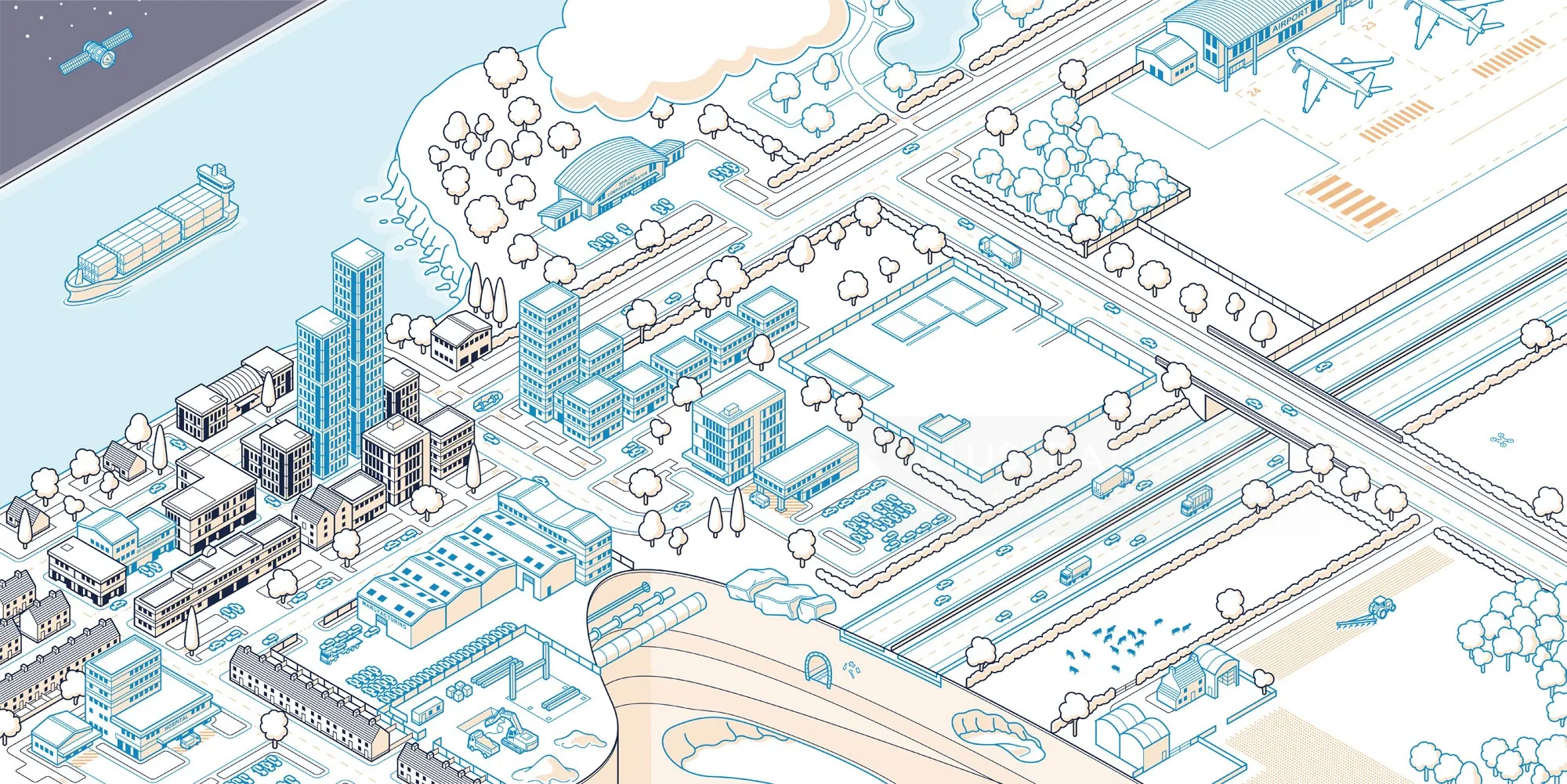 Isometric city map showing buildings and streets by Mark Watkinson