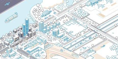 Isometric city map showing buildings and streets by Mark Watkinson