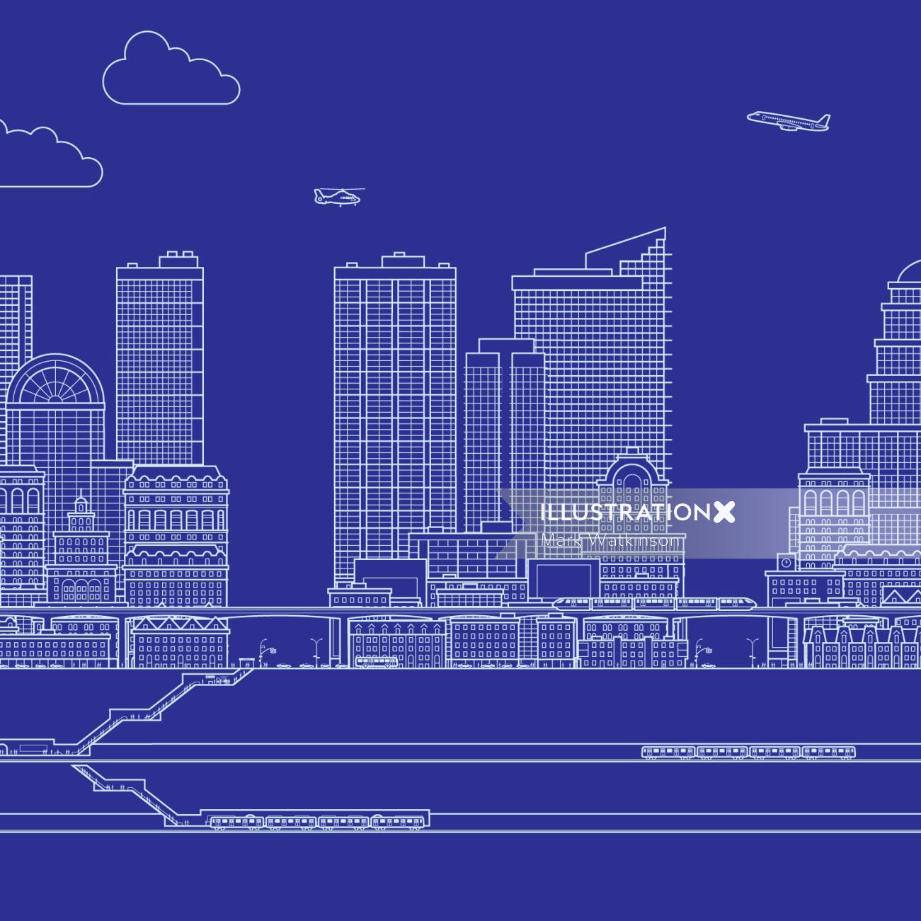 Ilustración infográfica de la ciudad azul