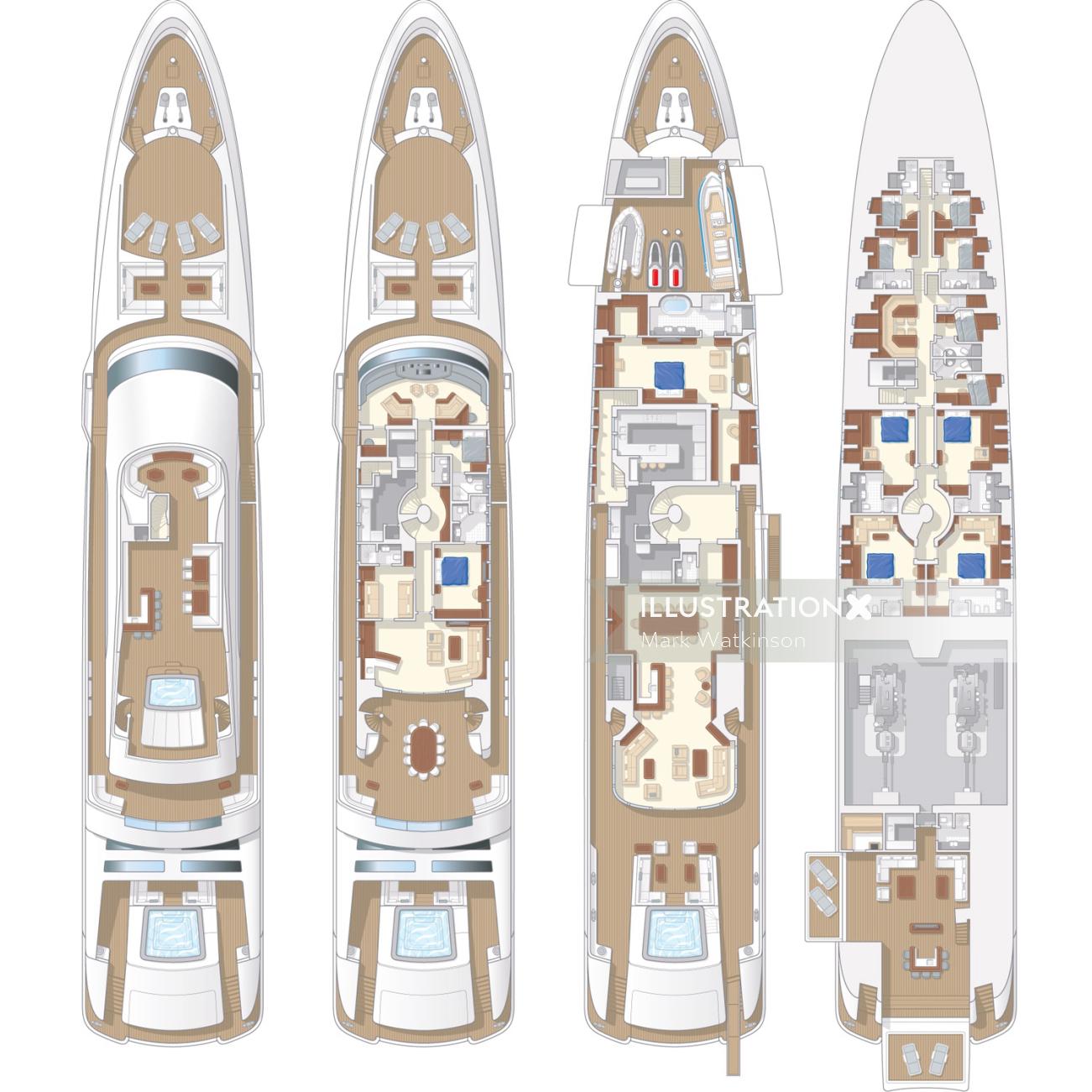 Plan de arquitectura del piso del barco yate barco