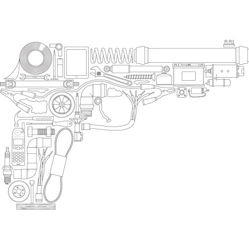 Black and white illustration of gun architecture 