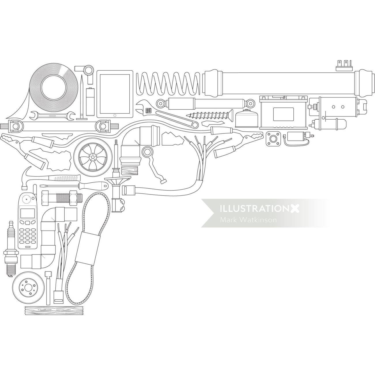 Black and white illustration of gun architecture 