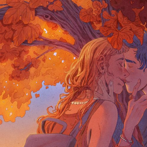 Mart Lett illustration of two lovers sharing a quiet moment beneath autumn foliage