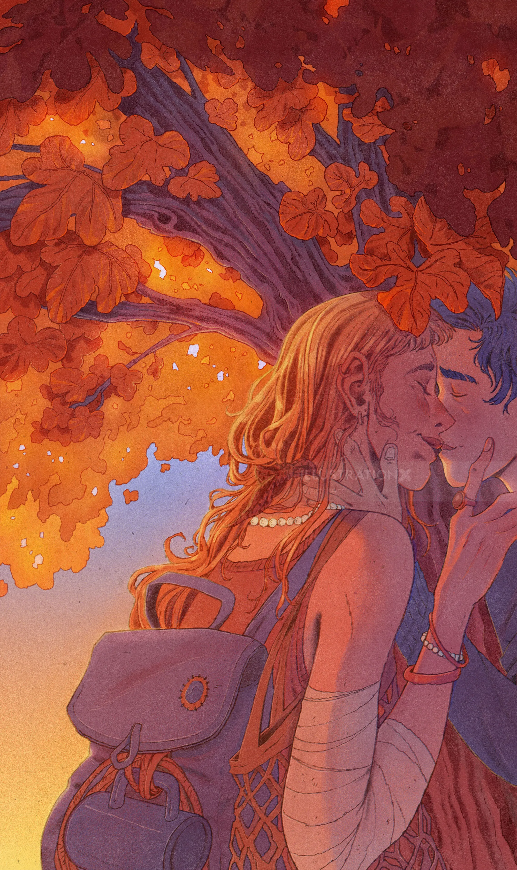 Mart Lett illustration of two lovers sharing a quiet moment beneath autumn foliage
