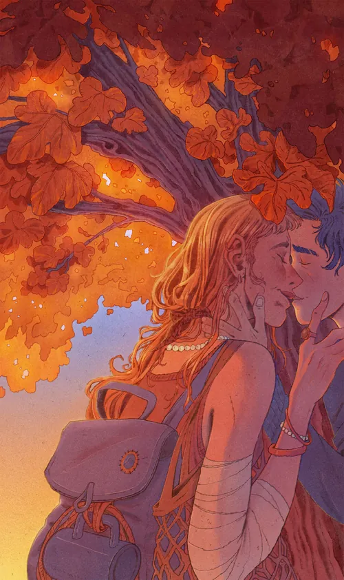 Mart Lett illustration of two lovers sharing a quiet moment beneath autumn foliage