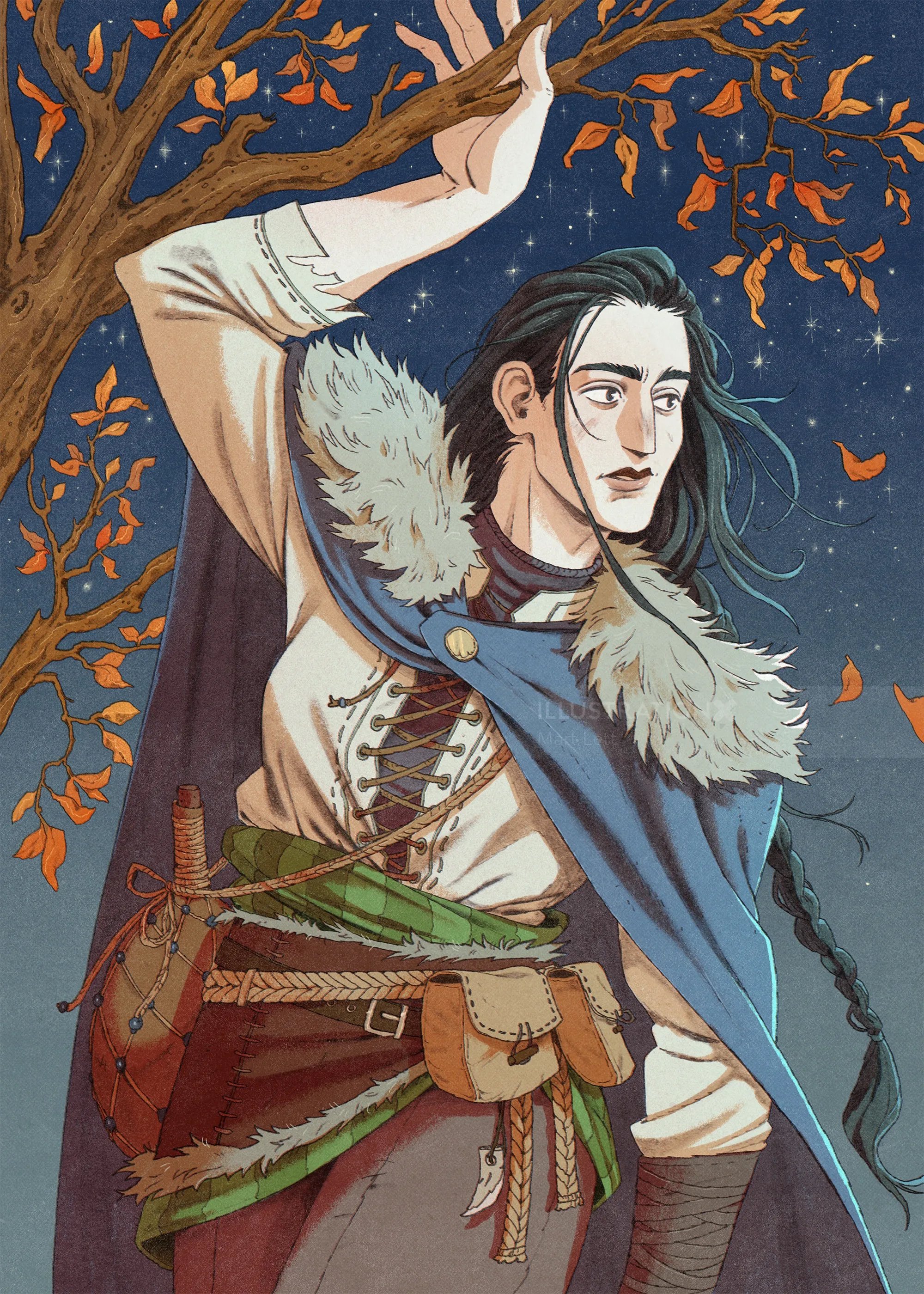 Mart Lett illustration of a fantasy archer drawing a bow in an autumn forest