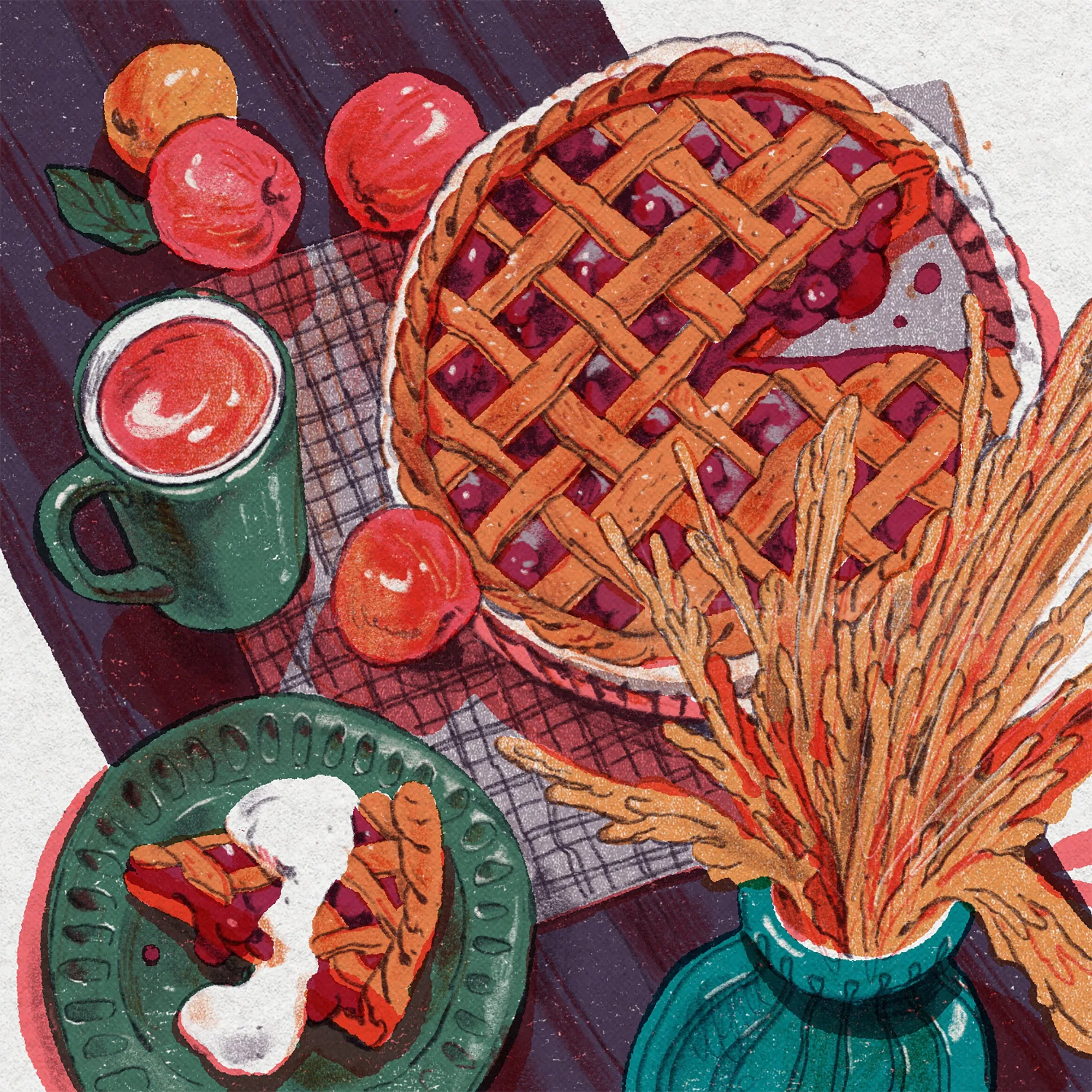 Cherry pie, apples, and wheat arranged on a table by Mart Lett