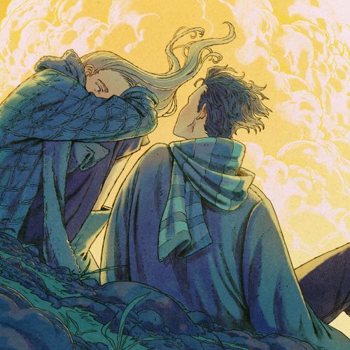 Mart Lett illustration of two figures sitting on a mountain at sunrise