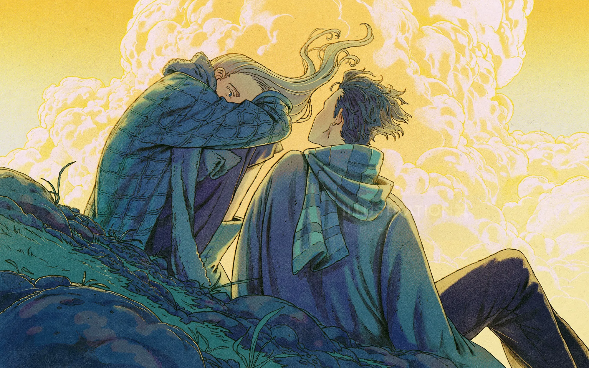Mart Lett illustration of two figures sitting on a mountain at sunrise