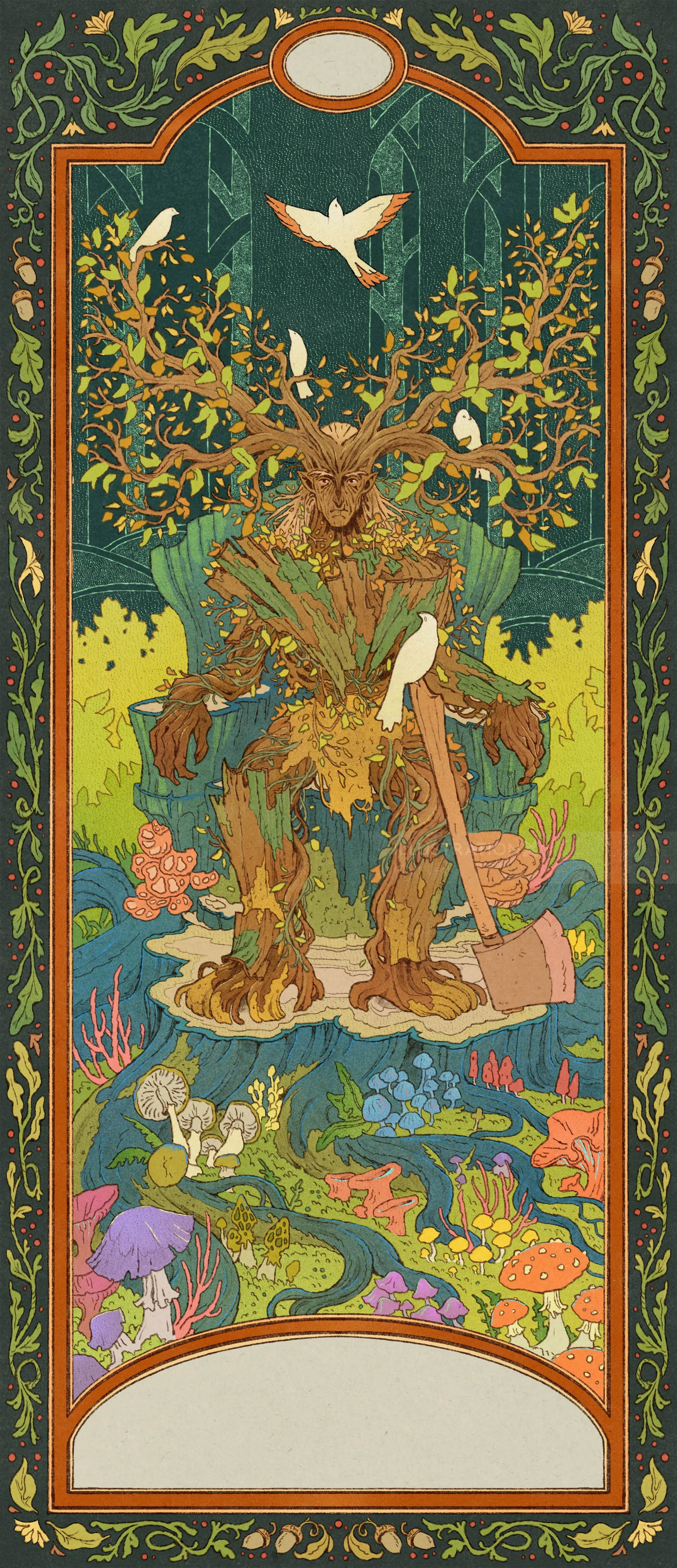 Mart Lett forest card with a deer, bird, flowers, and ornate border