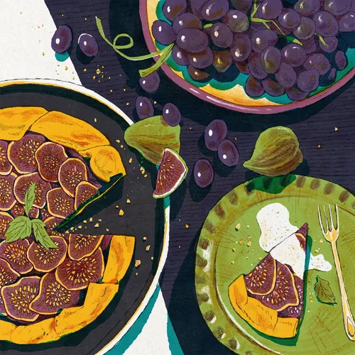 Mart Lett’s fig galette still life with grapes and sliced figs