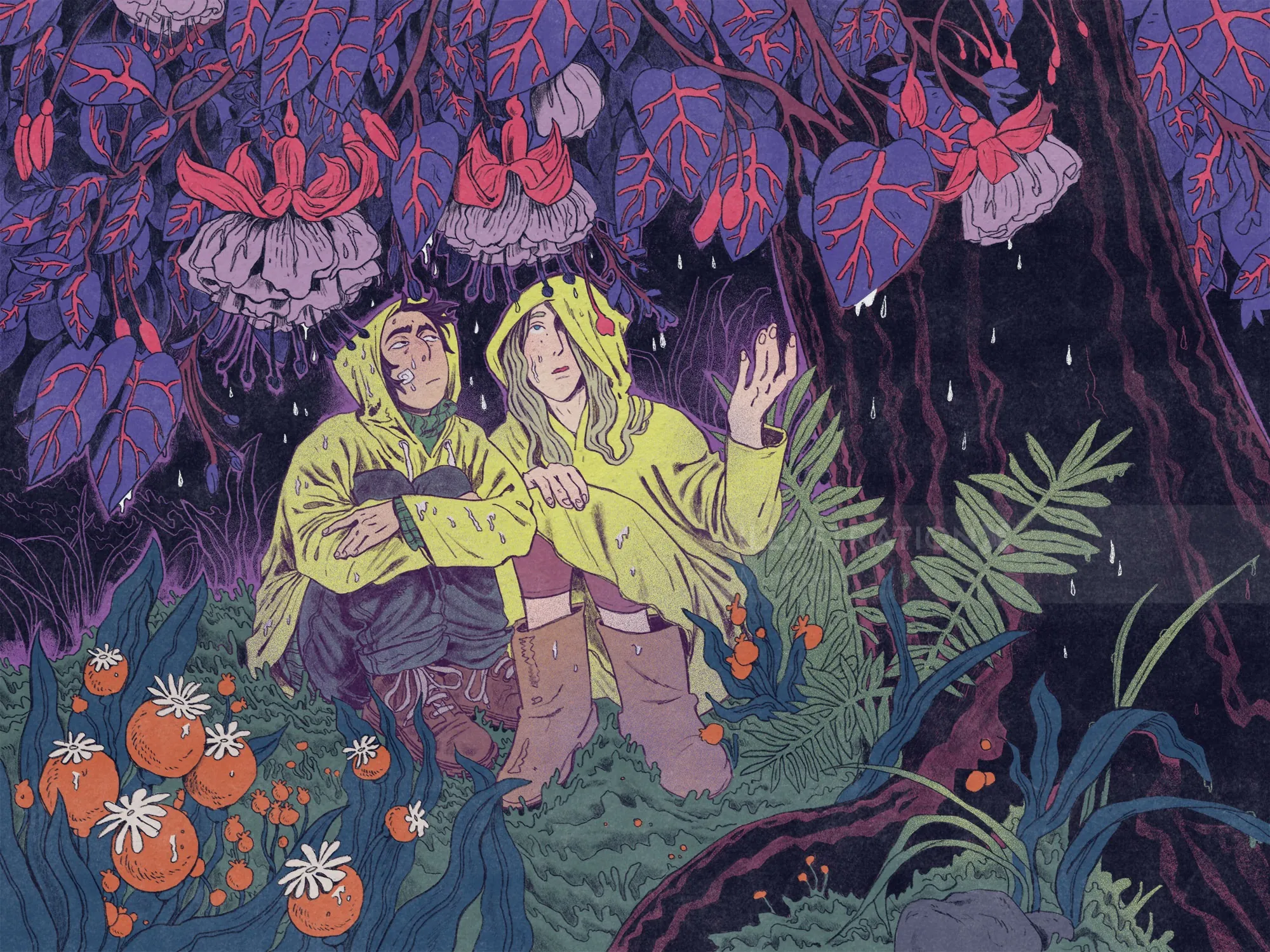 Mart Lett illustration of two figures beneath a giant purple-leaved tree