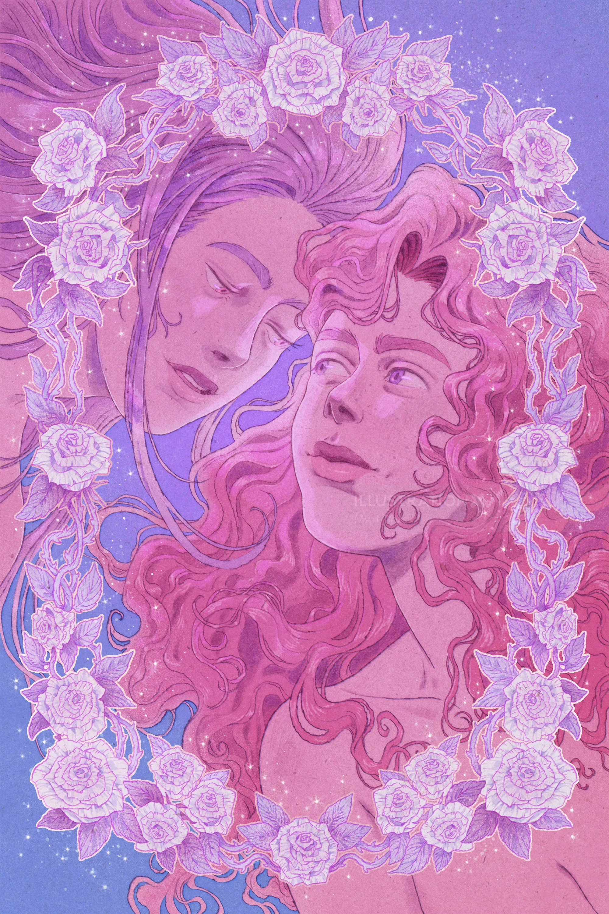 Mart Lett illustration of two women reaching toward each other among flowers