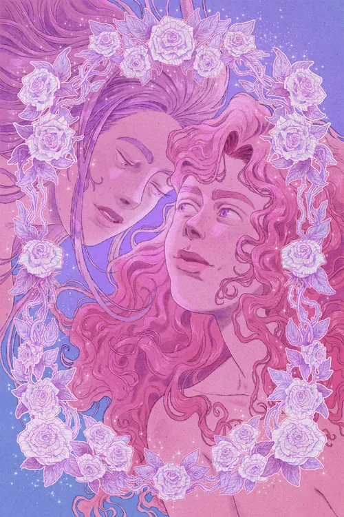 Mart Lett illustration of two women reaching toward each other among flowers