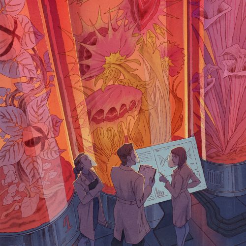 Mart Lett illustration of scientists examining giant plants in glass vessels