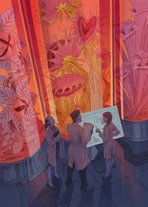 Mart Lett illustration of scientists examining giant plants in glass vessels