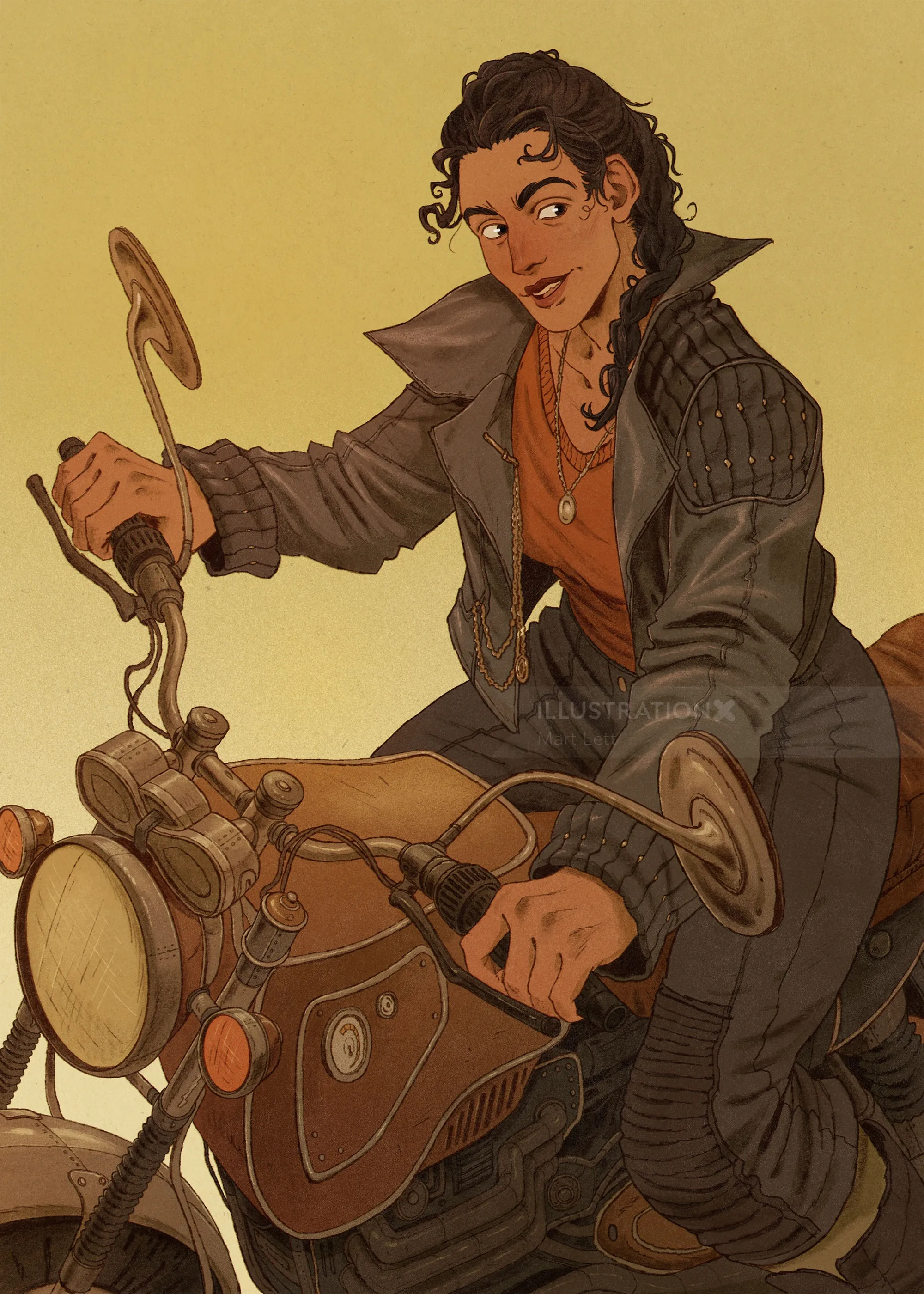 Mart Lett illustration of a woman riding a steampunk motorcycle