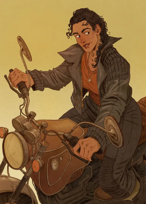 Mart Lett illustration of a woman riding a steampunk motorcycle