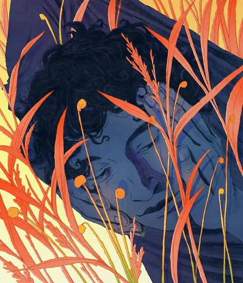 Mart Lett illustration of a man gently holding his face among wheat