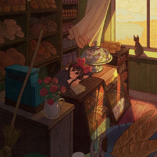 Mart Lett illustration of Kiki resting in a bakery at sunset