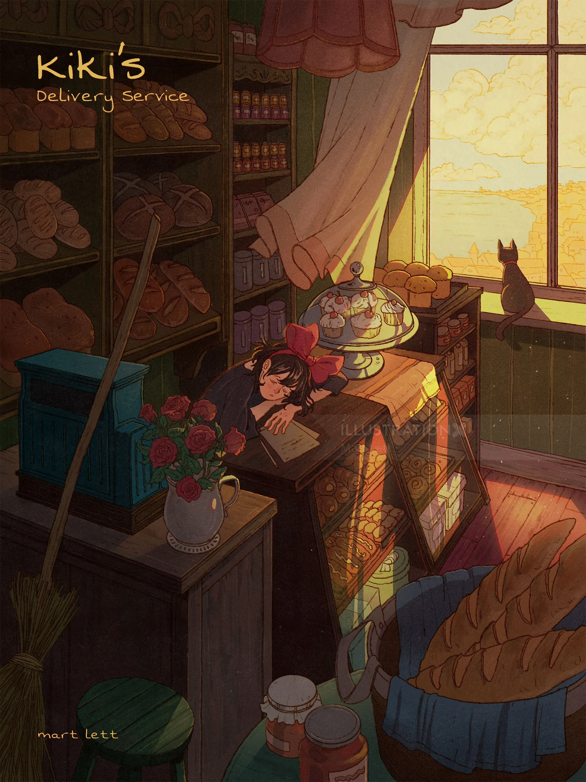 Ilustración de Mart Lett de Kiki descansando en una panadería al atardecer.