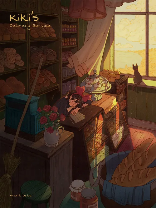 Mart Lett illustration of Kiki resting in a bakery at sunset