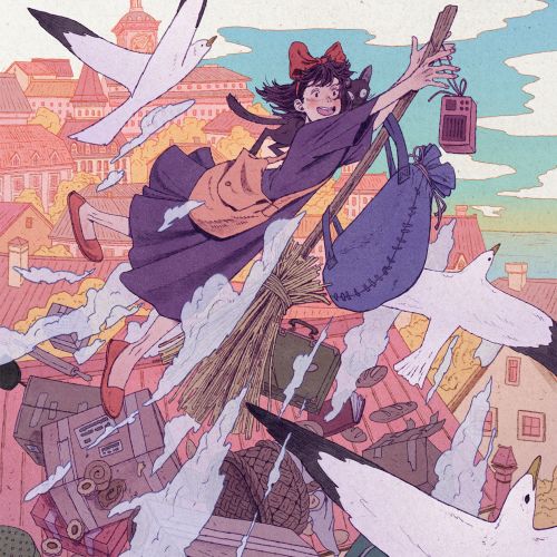 Mart Lett poster showing Kiki flying above a seaside town