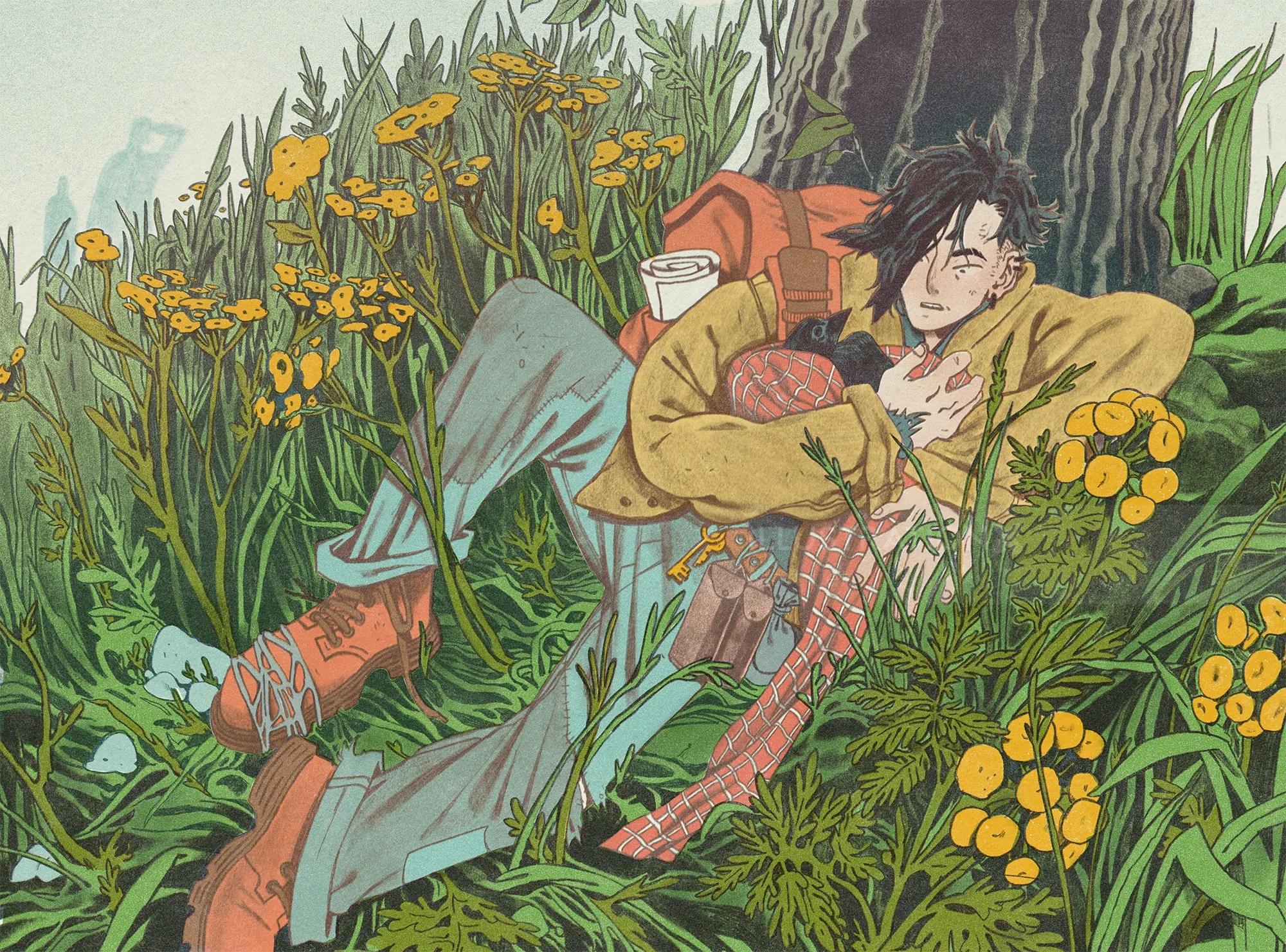 Mart Lett illustration of a person lying among dense wildflowers
