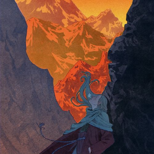 Mart Lett illustration of a tired traveler resting among glowing mountain peaks