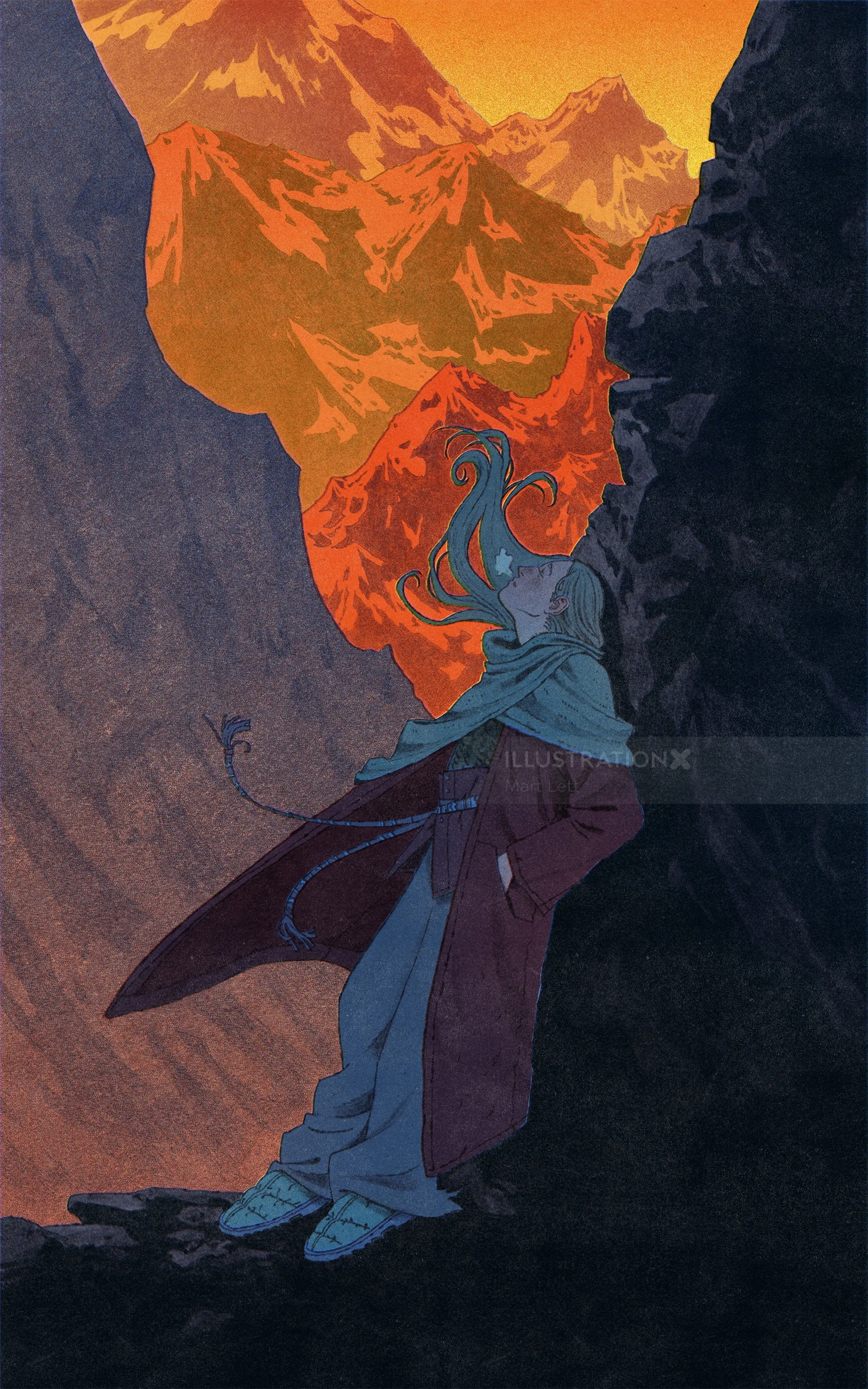 Mart Lett illustration of a tired traveler resting among glowing mountain peaks