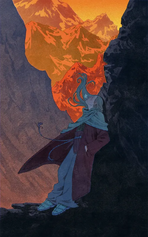 Mart Lett illustration of a tired traveler resting among glowing mountain peaks