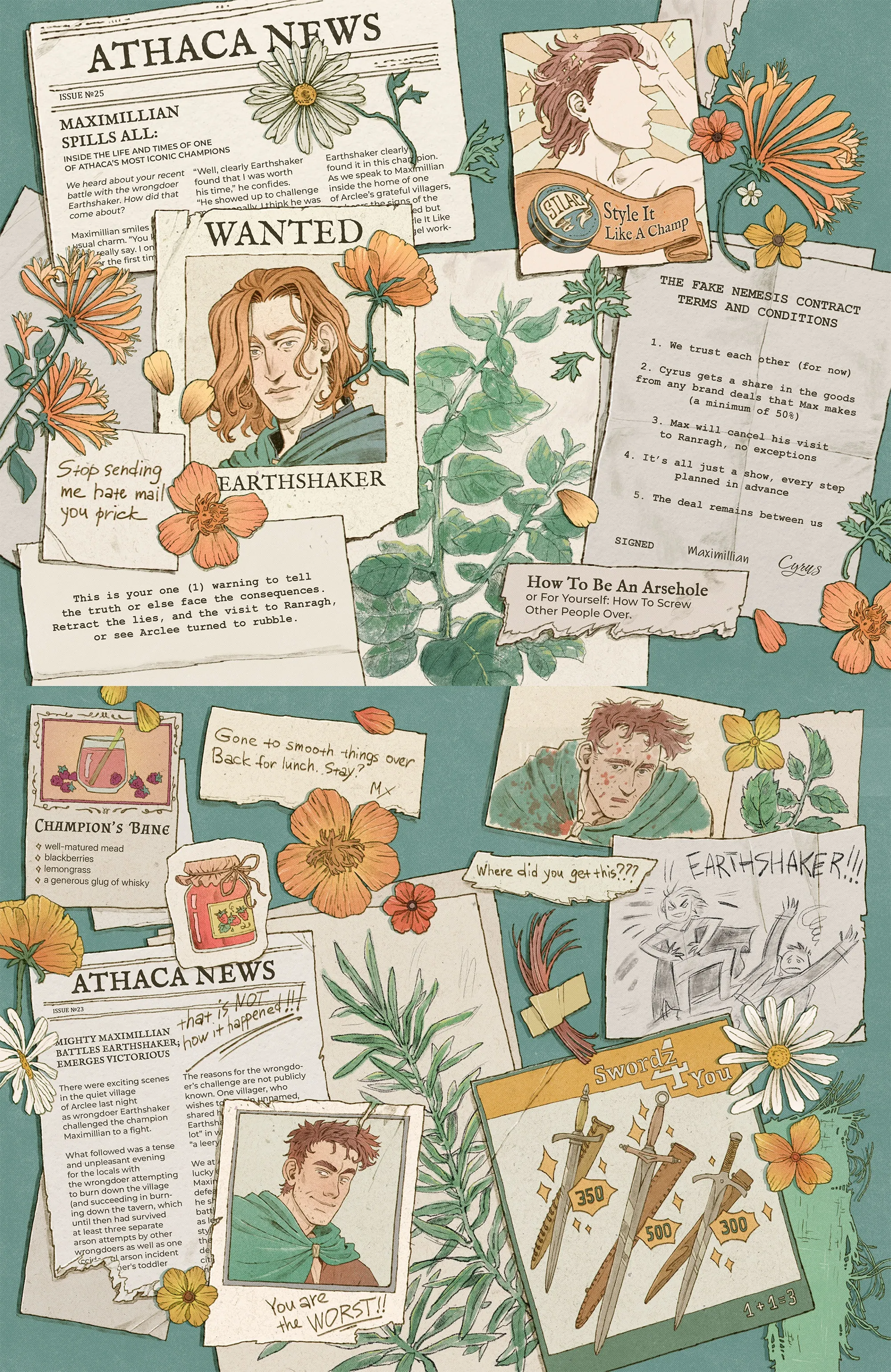 Mart Lett's scrapbook-style endpapers for Nemesis Mine with portraits, notes, flowers, and newspaper