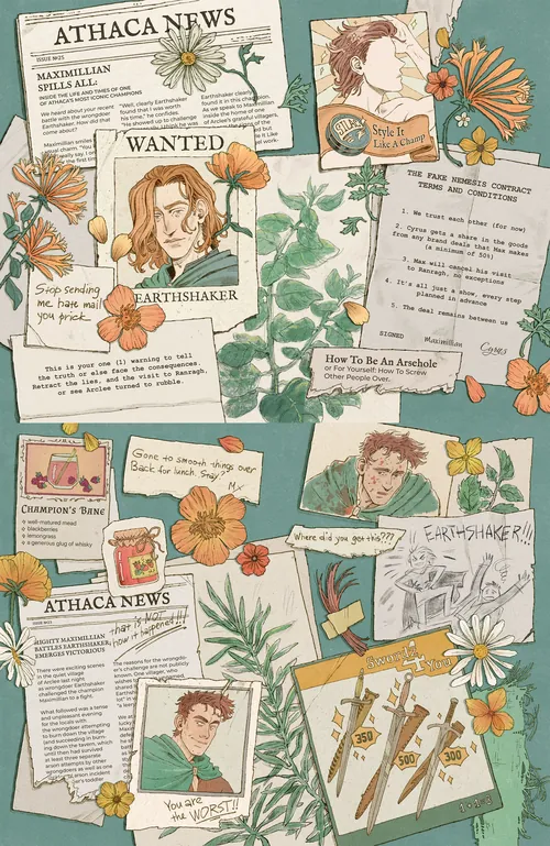 Mart Lett's scrapbook-style endpapers for Nemesis Mine with portraits, notes, flowers, and newspaper