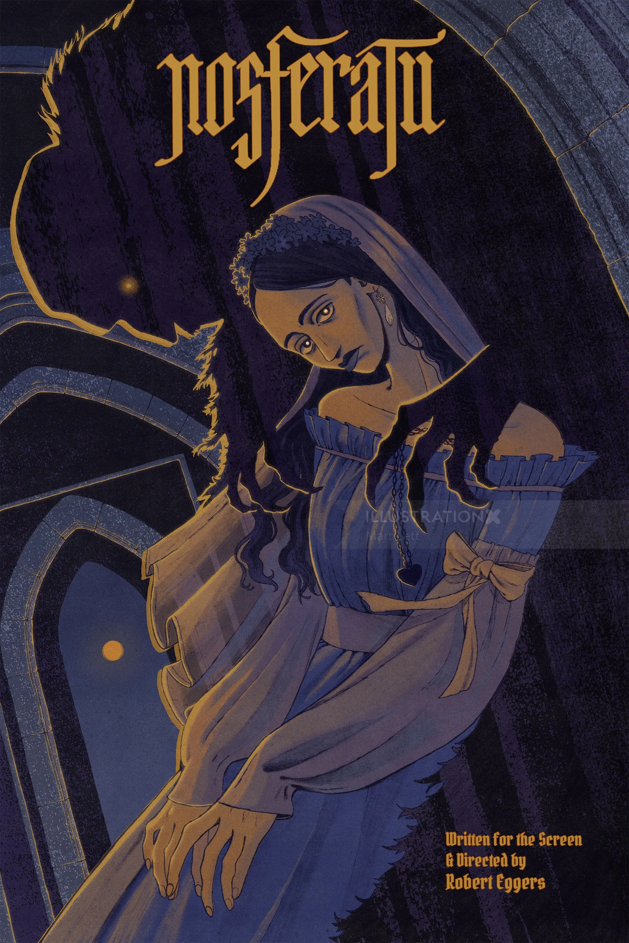 Ilustración de Mart Lett de una mujer bajo arcos góticos y una sombra de vampiro.