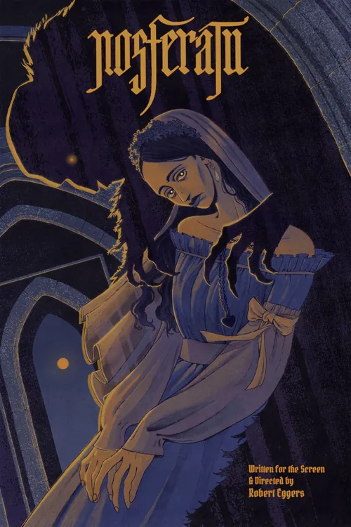 Mart Lett illustration of a woman beneath Gothic arches and a vampire shadow